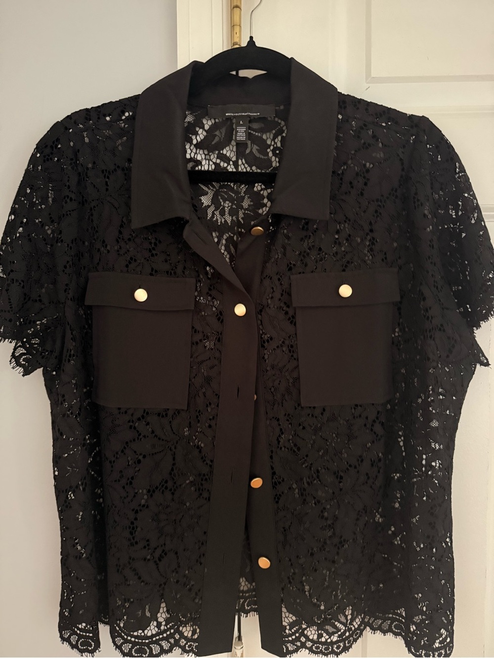 White House Black Market Black Lace Button-Front Blouse size L
